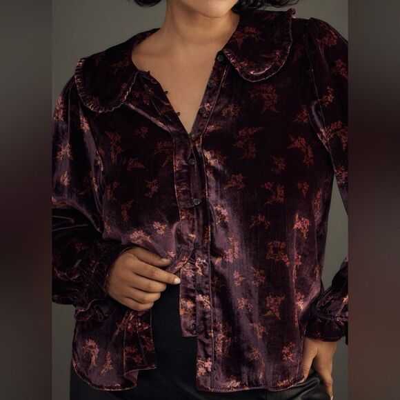 Anthropologie Pilcro Velvet Shirt in Purple and Gold - Picture 1 of 7